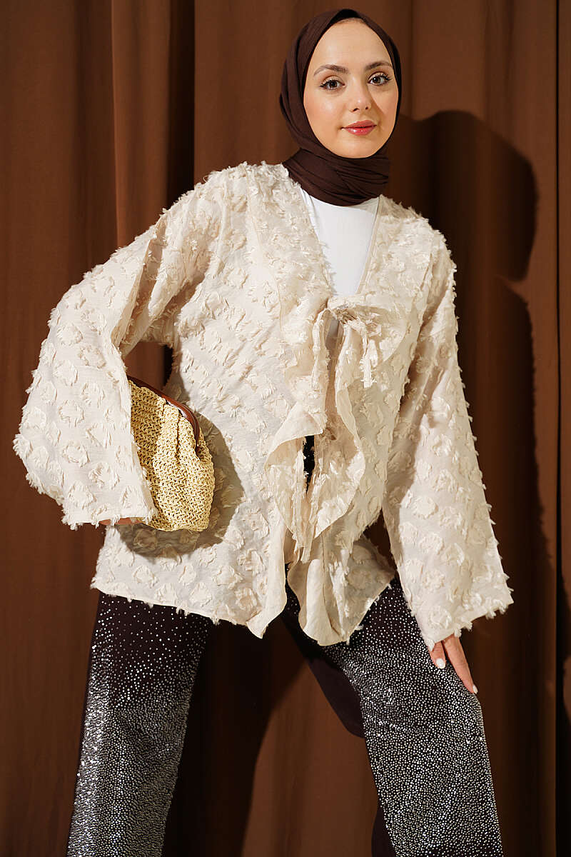 Ruffled Kimono with Tassels and Tie - Beige