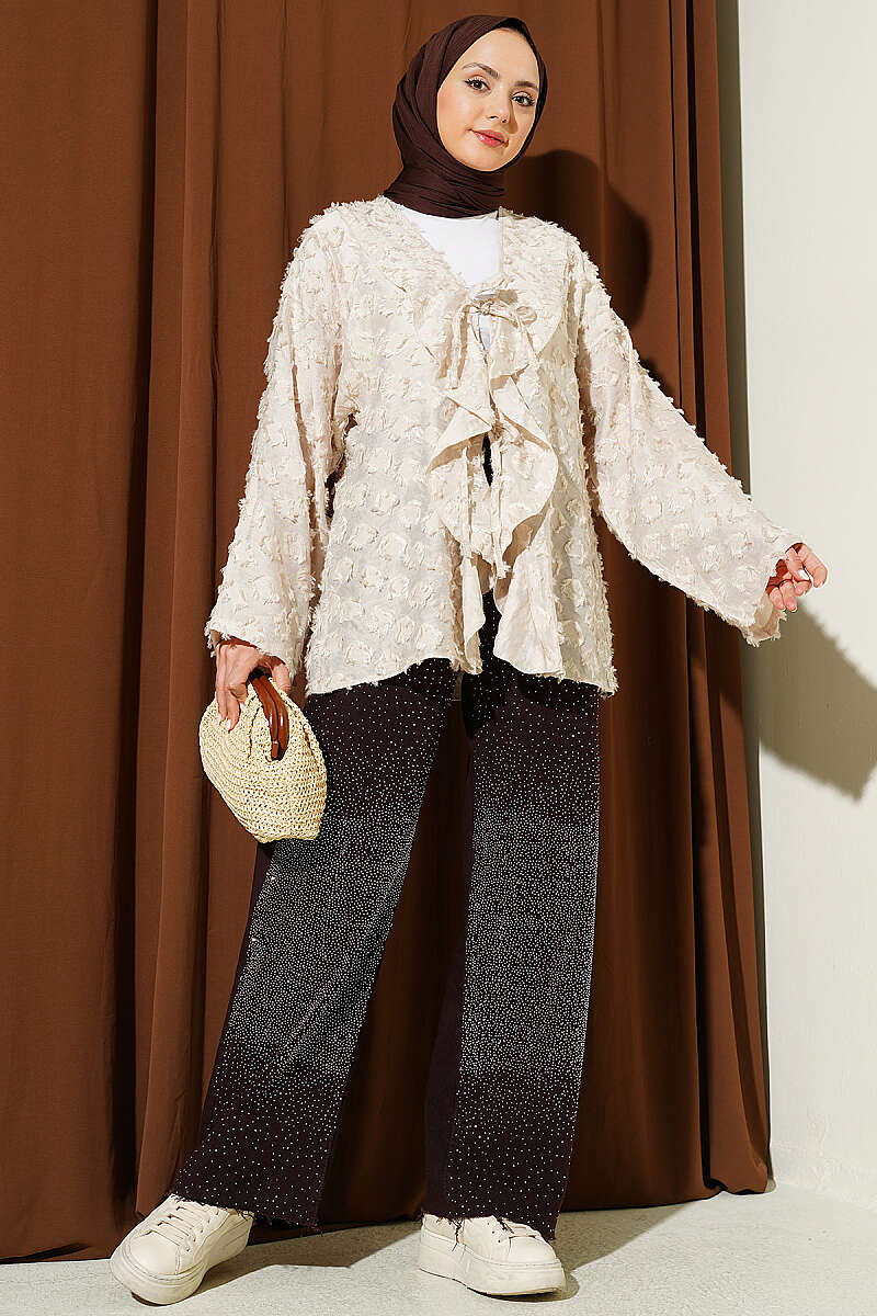 Ruffled Kimono with Tassels and Tie - Beige