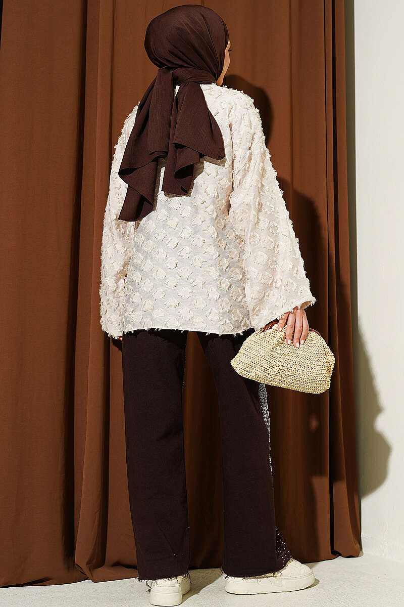 Ruffled Kimono with Tassels and Tie - Beige