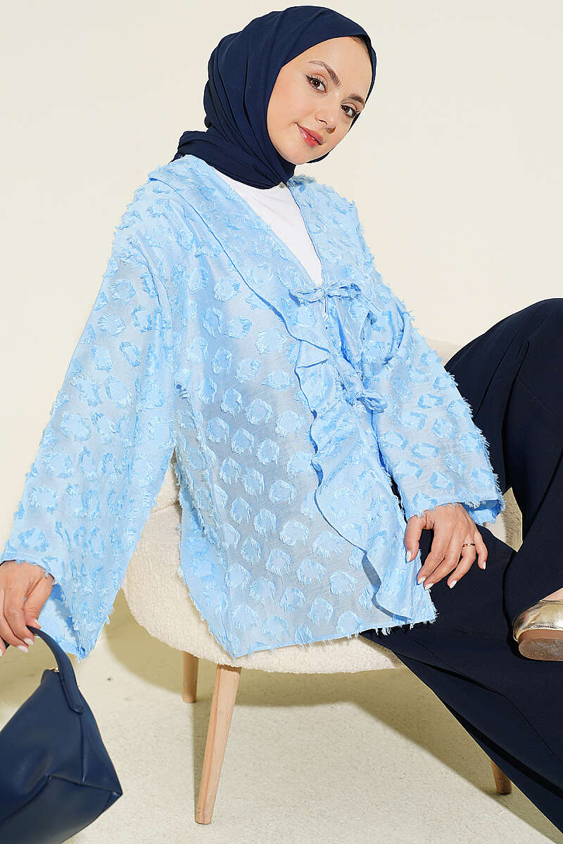 Ruffled Kimono with Tassels and Tie - Blue