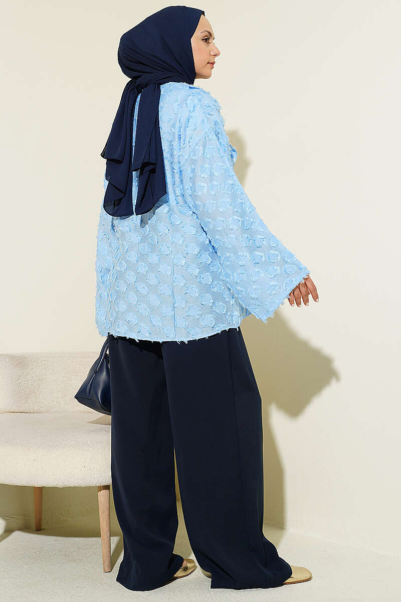 Ruffled Kimono with Tassels and Tie - Blue