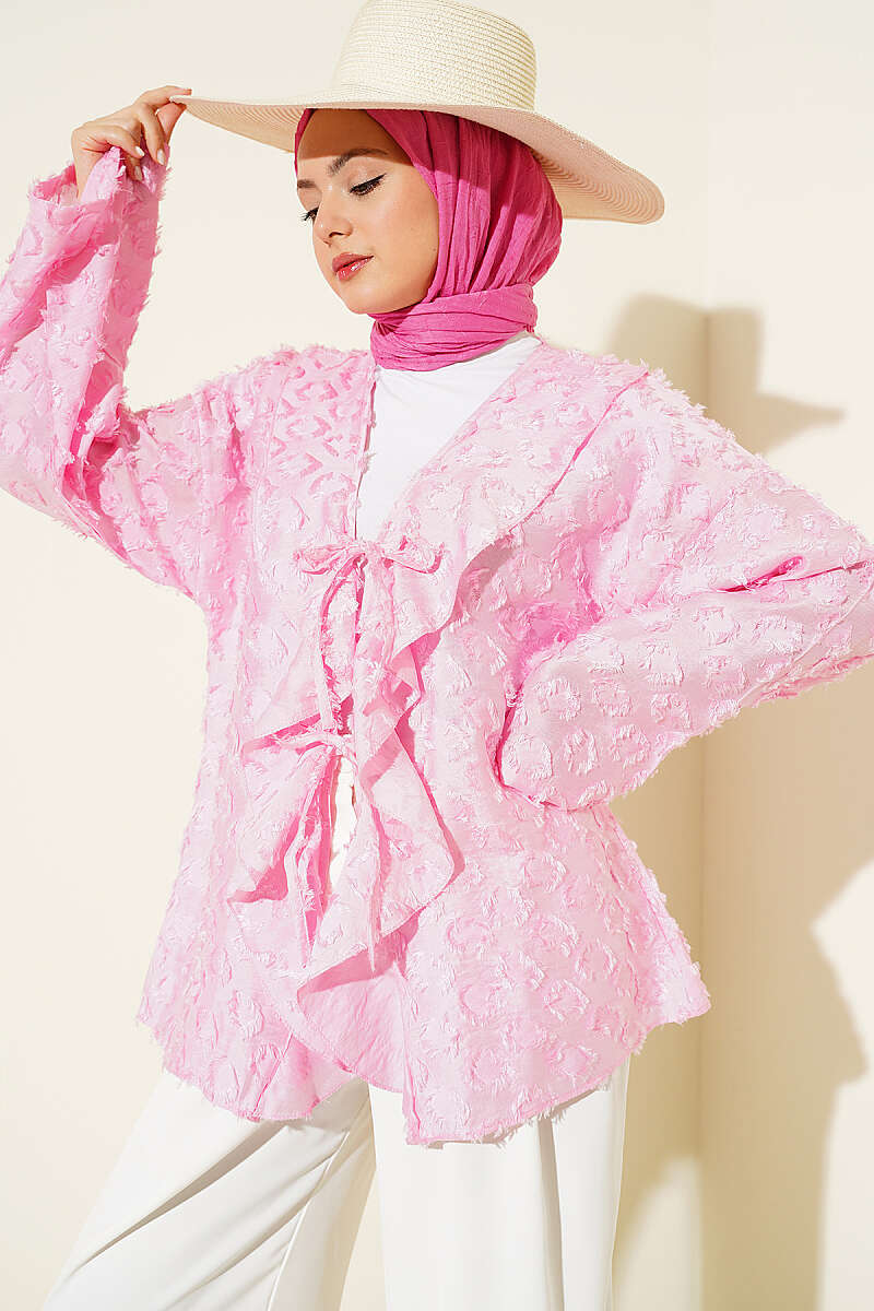 Ruffled Kimono with Tassels and Tie - Pink