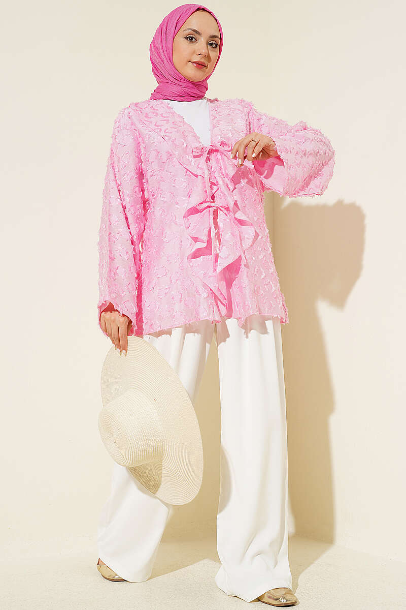 Ruffled Kimono with Tassels and Tie - Pink