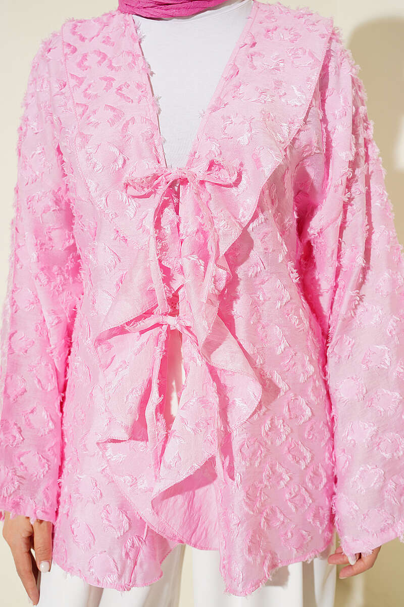 Ruffled Kimono with Tassels and Tie - Pink