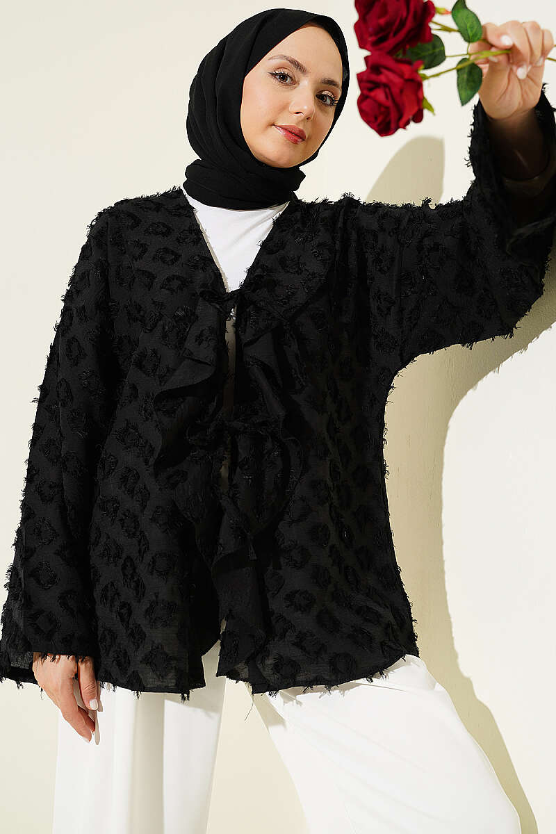 Ruffled Kimono with Tassels and Tie - Black