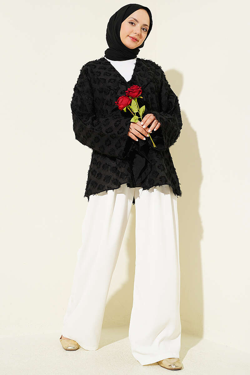 Ruffled Kimono with Tassels and Tie - Black