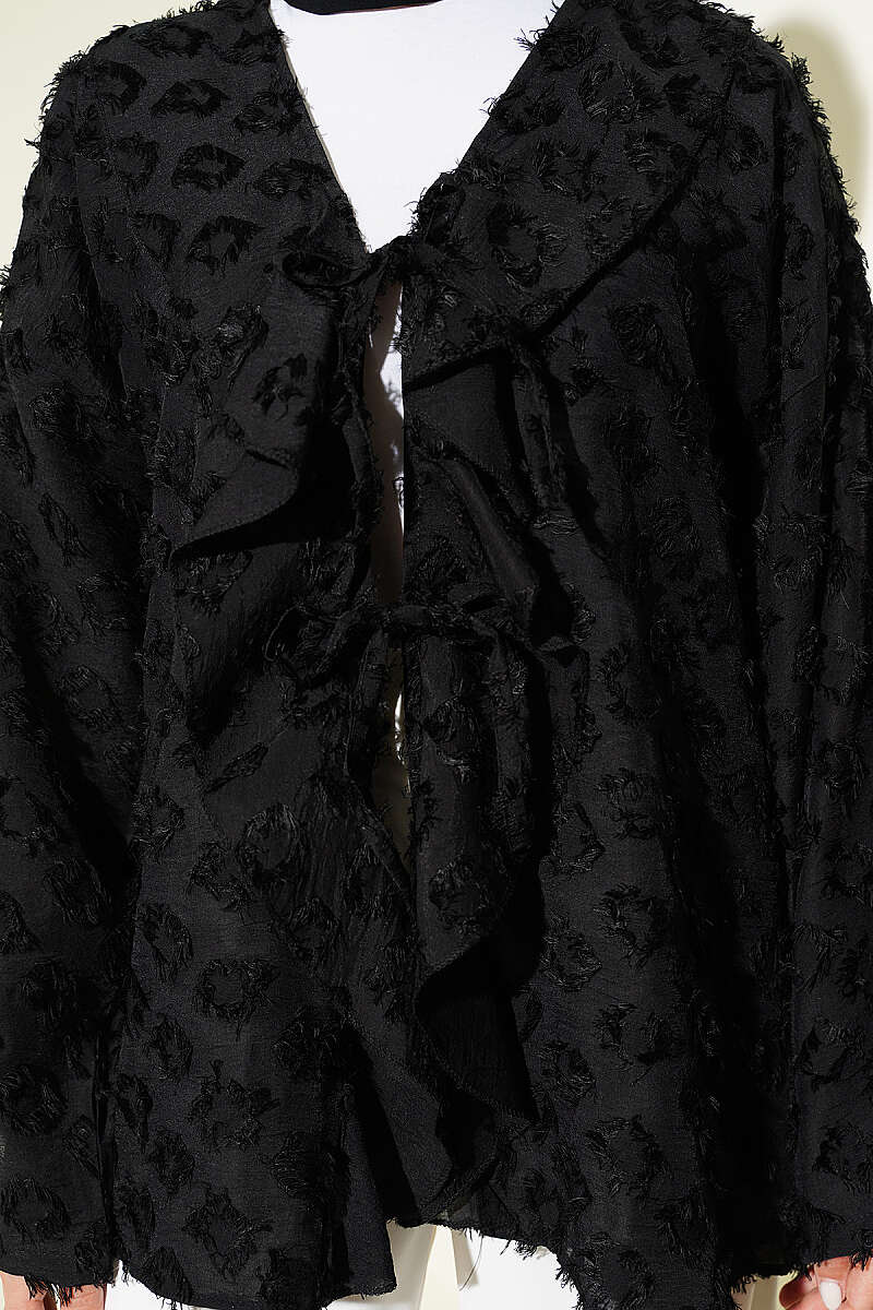 Ruffled Kimono with Tassels and Tie - Black