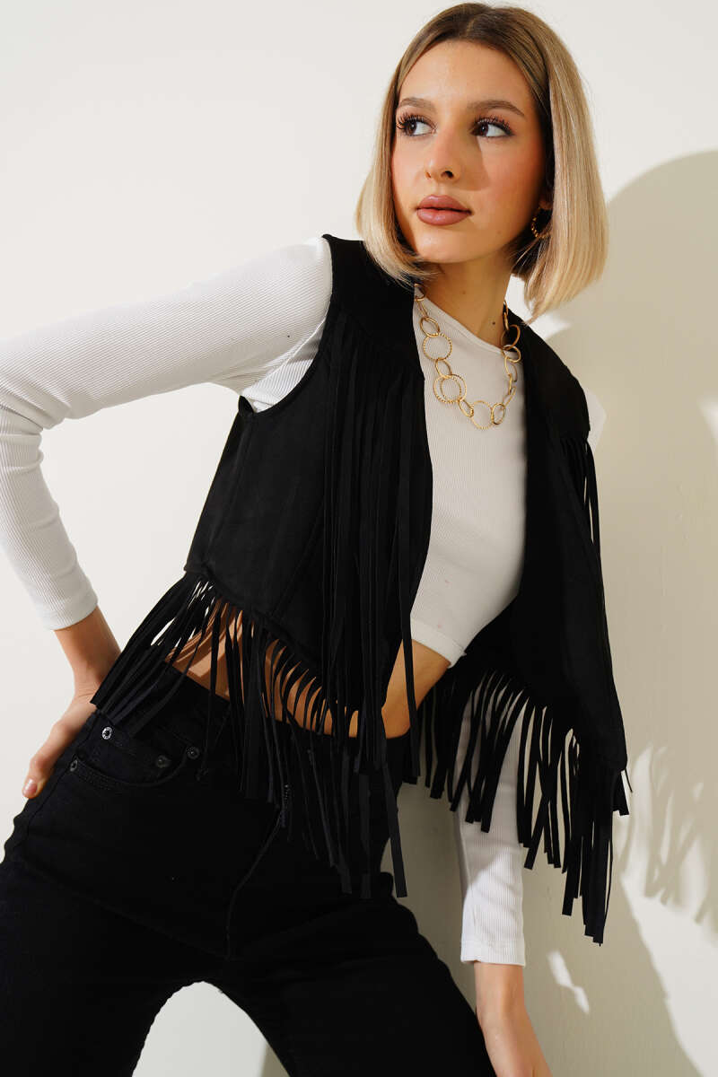 Short Tasselled Suede Vest - Black