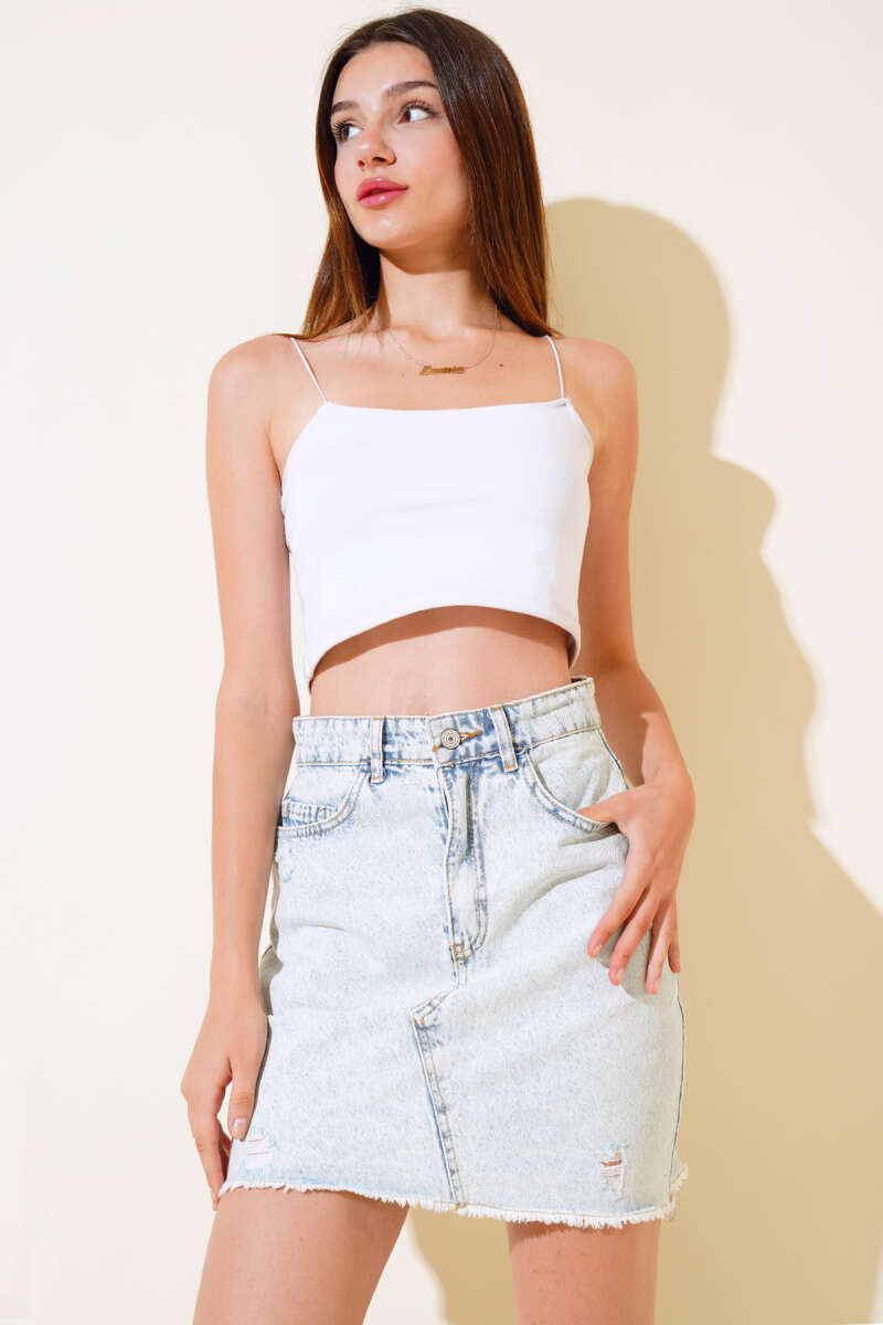 Tasselled Denim Skirt - Light Wash