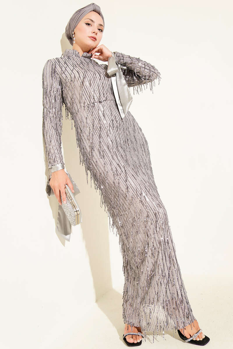 Tasselled Sequin Evening Dress - Grey