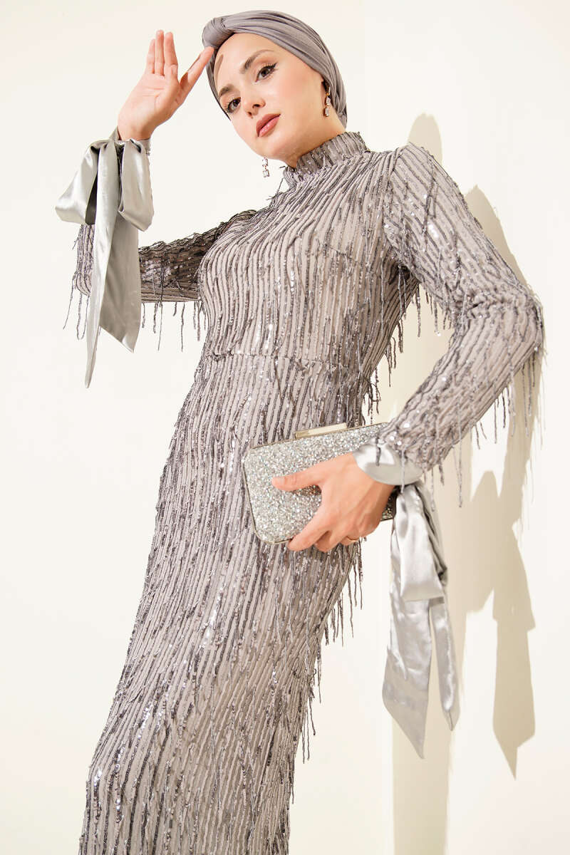 Tasselled Sequin Evening Dress - Grey