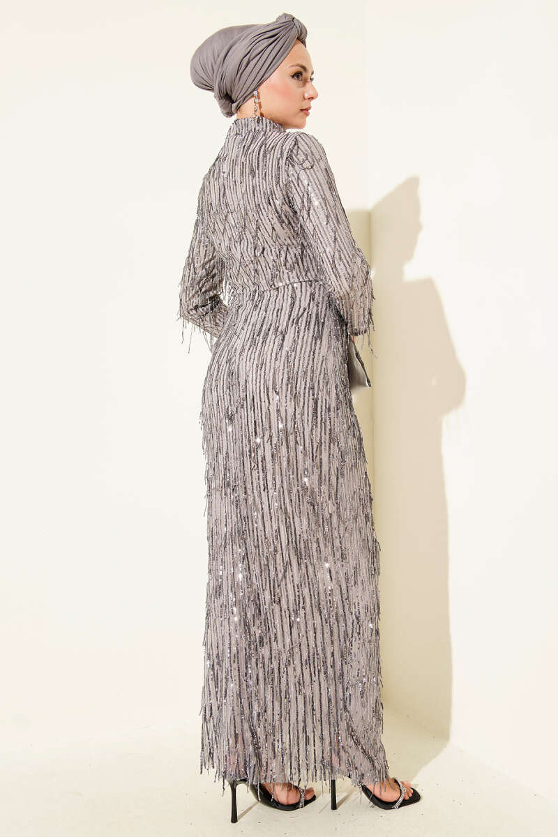 Tasselled Sequin Evening Dress - Grey