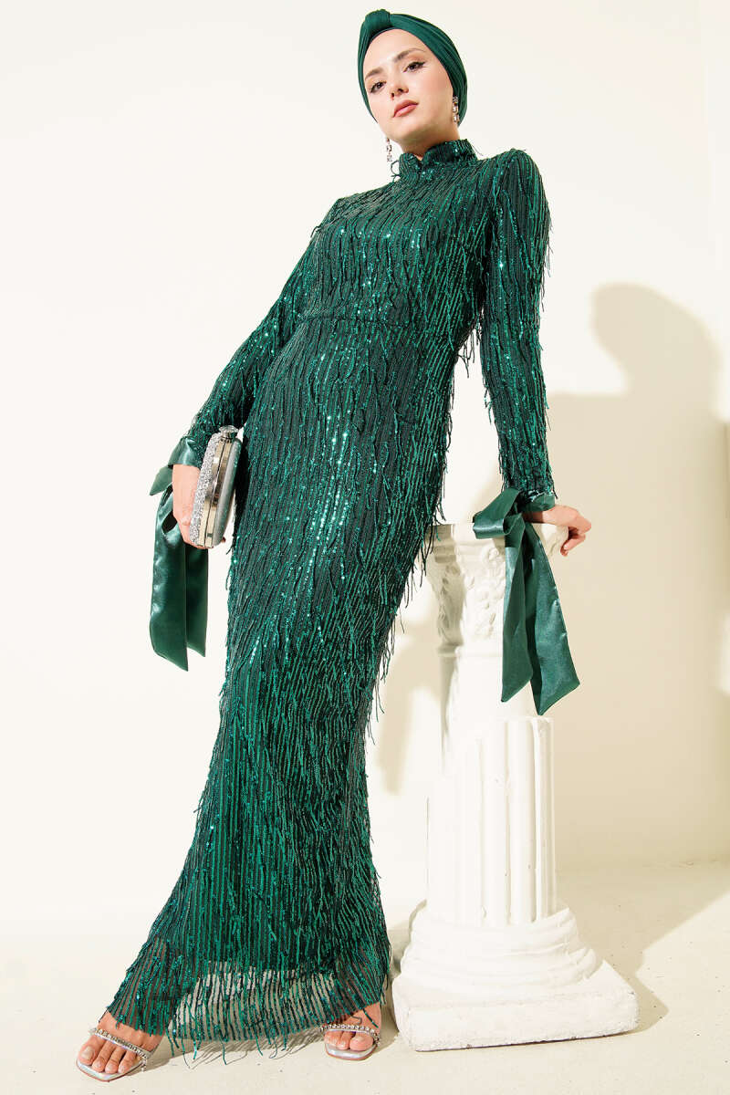 Tasselled Sequin Evening Dress - Emerald