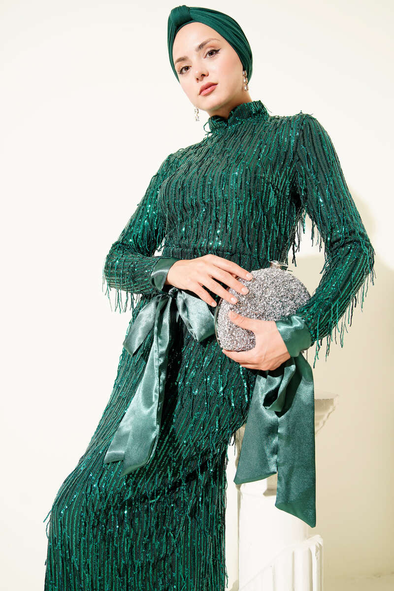Tasselled Sequin Evening Dress - Emerald