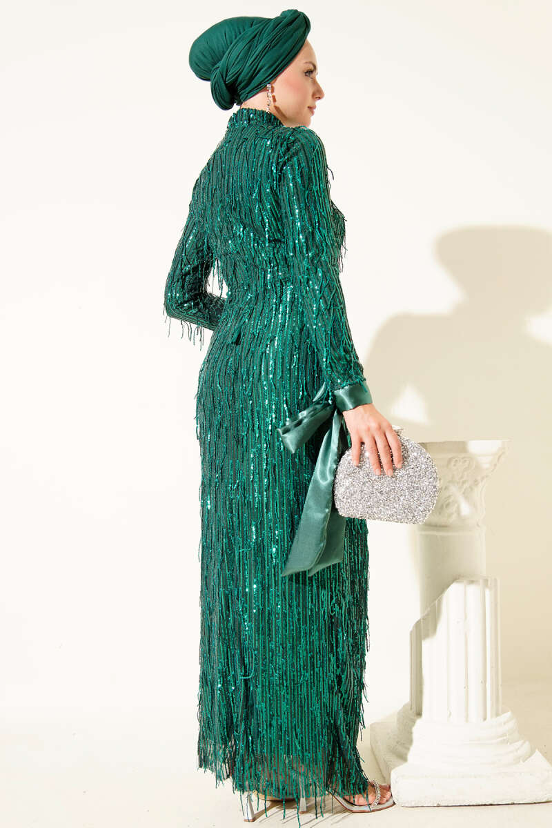 Tasselled Sequin Evening Dress - Emerald