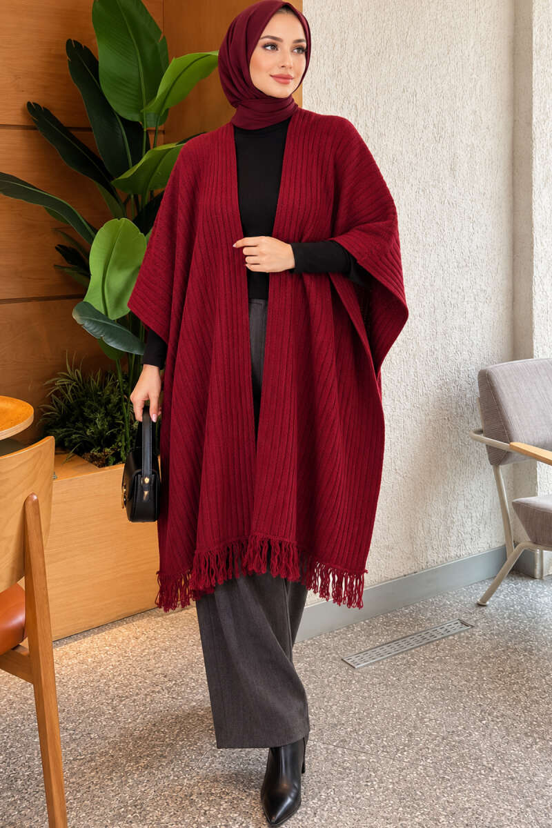 Fringed Knit Shoulder Shawl - Burgundy