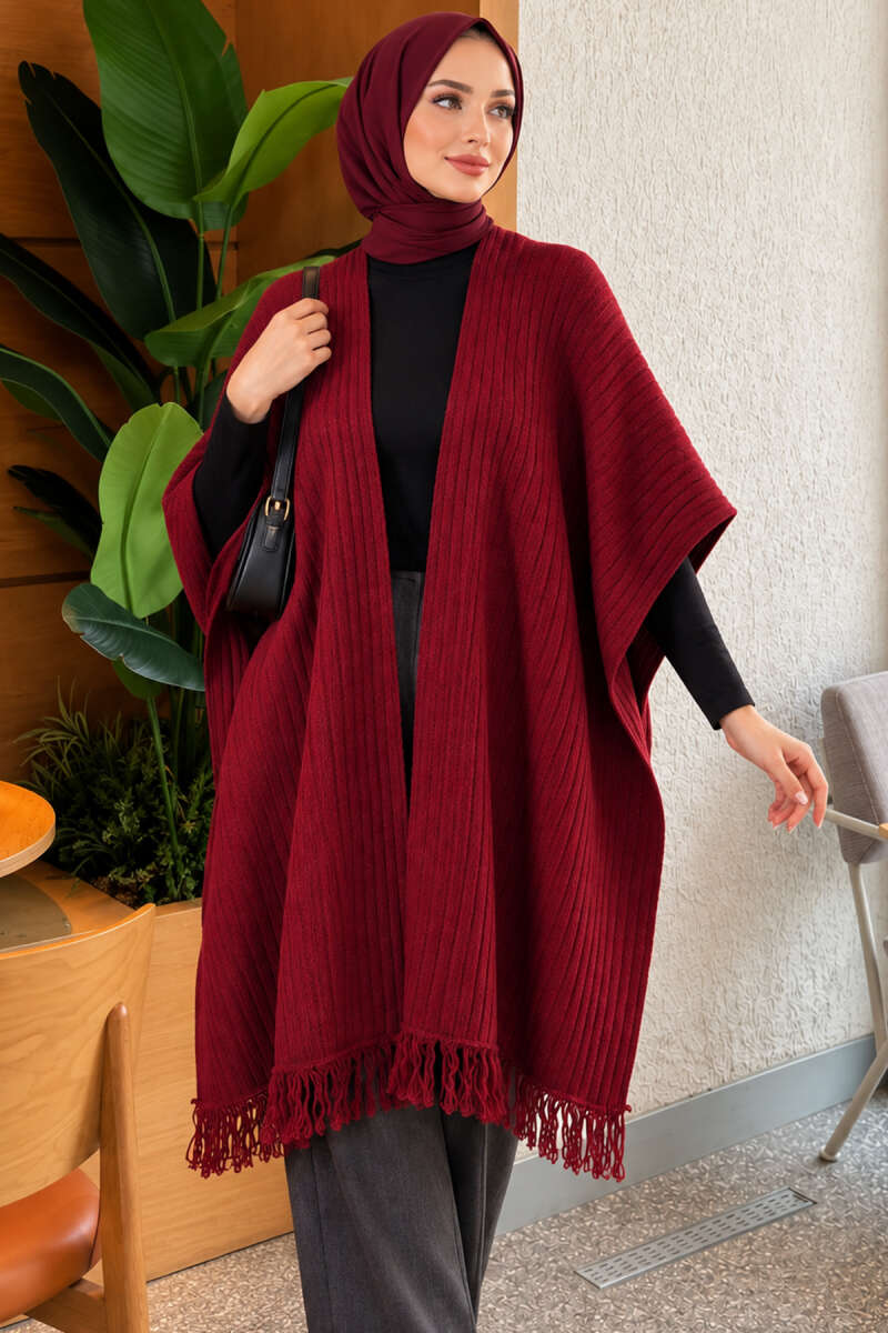 Fringed Knit Shoulder Shawl - Burgundy