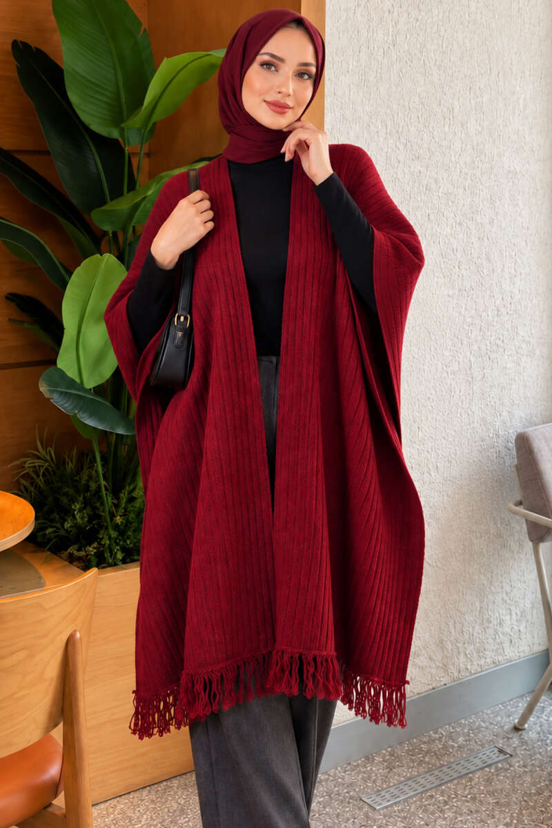 Fringed Knit Shoulder Shawl - Burgundy