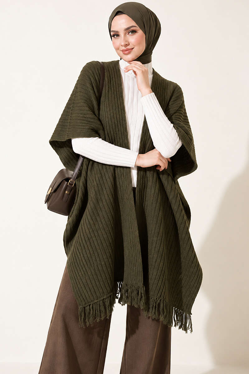 Fringed Knit Shoulder Shawl - Khaki