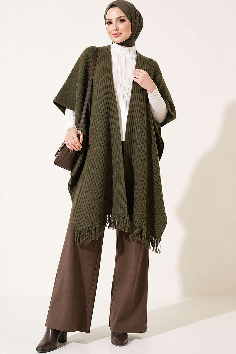 Fringed Knit Shoulder Shawl - Khaki