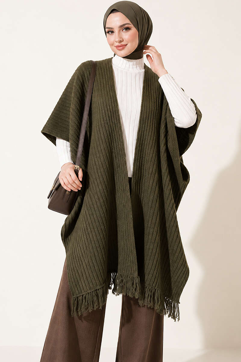 Fringed Knit Shoulder Shawl - Khaki