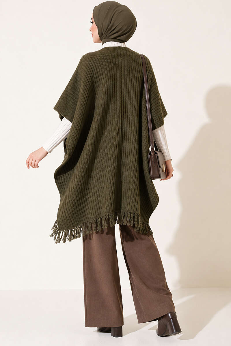 Fringed Knit Shoulder Shawl - Khaki