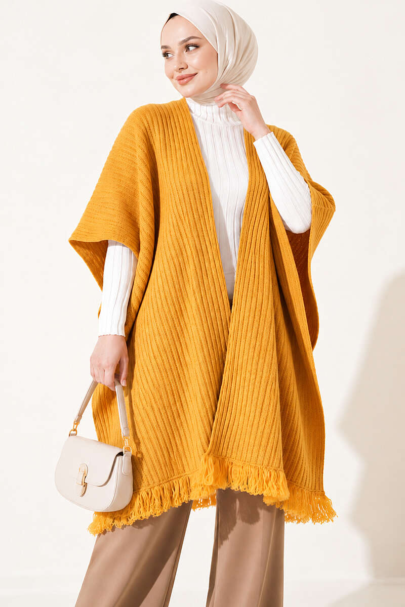 Fringed Knit Shoulder Shawl - Mustard