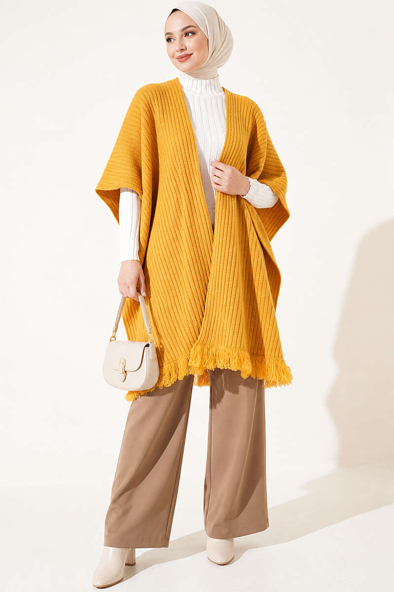 Fringed Knit Shoulder Shawl - Mustard