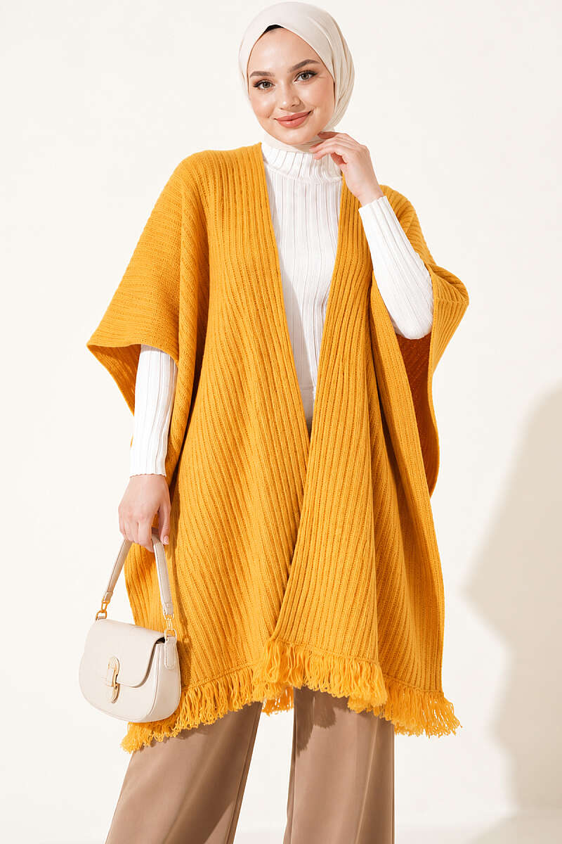 Fringed Knit Shoulder Shawl - Mustard