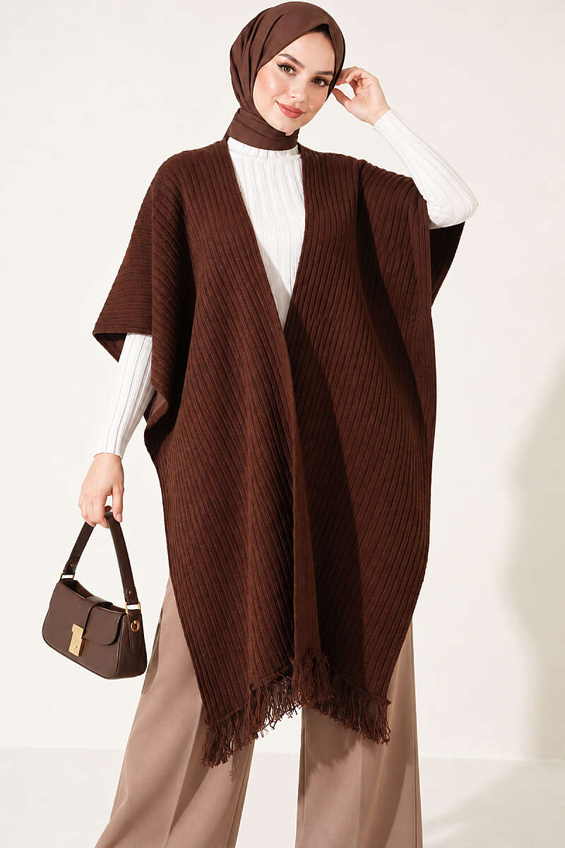 Fringed Knit Shoulder Shawl - Brown