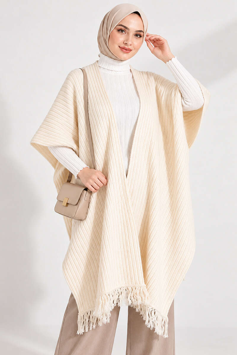 Fringed Knit Shoulder Shawl - Bone