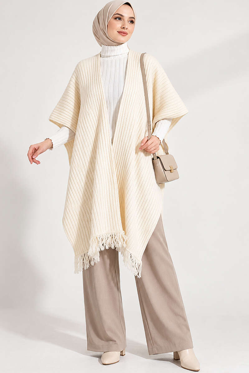 Fringed Knit Shoulder Shawl - Bone