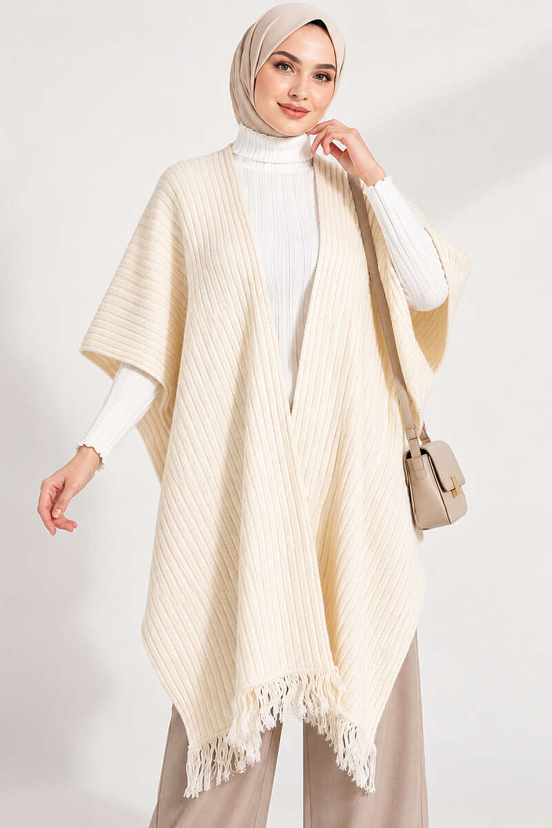 Fringed Knit Shoulder Shawl - Bone