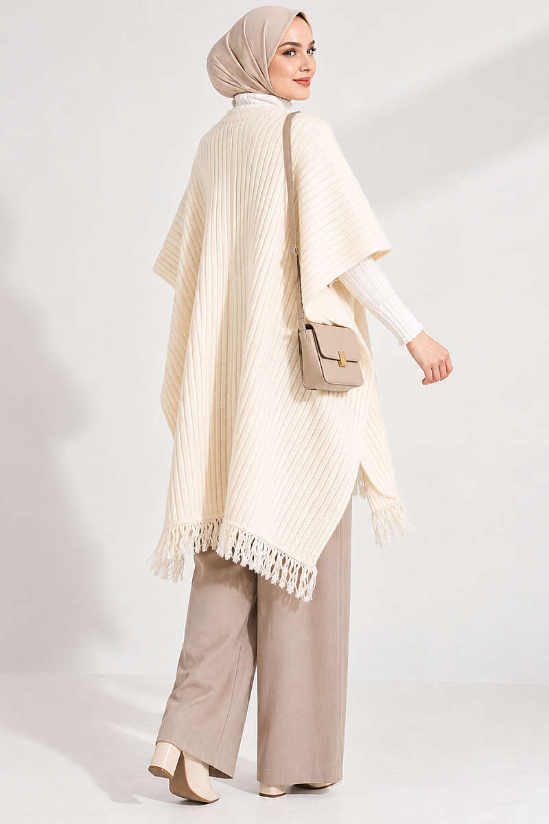 Fringed Knit Shoulder Shawl - Bone