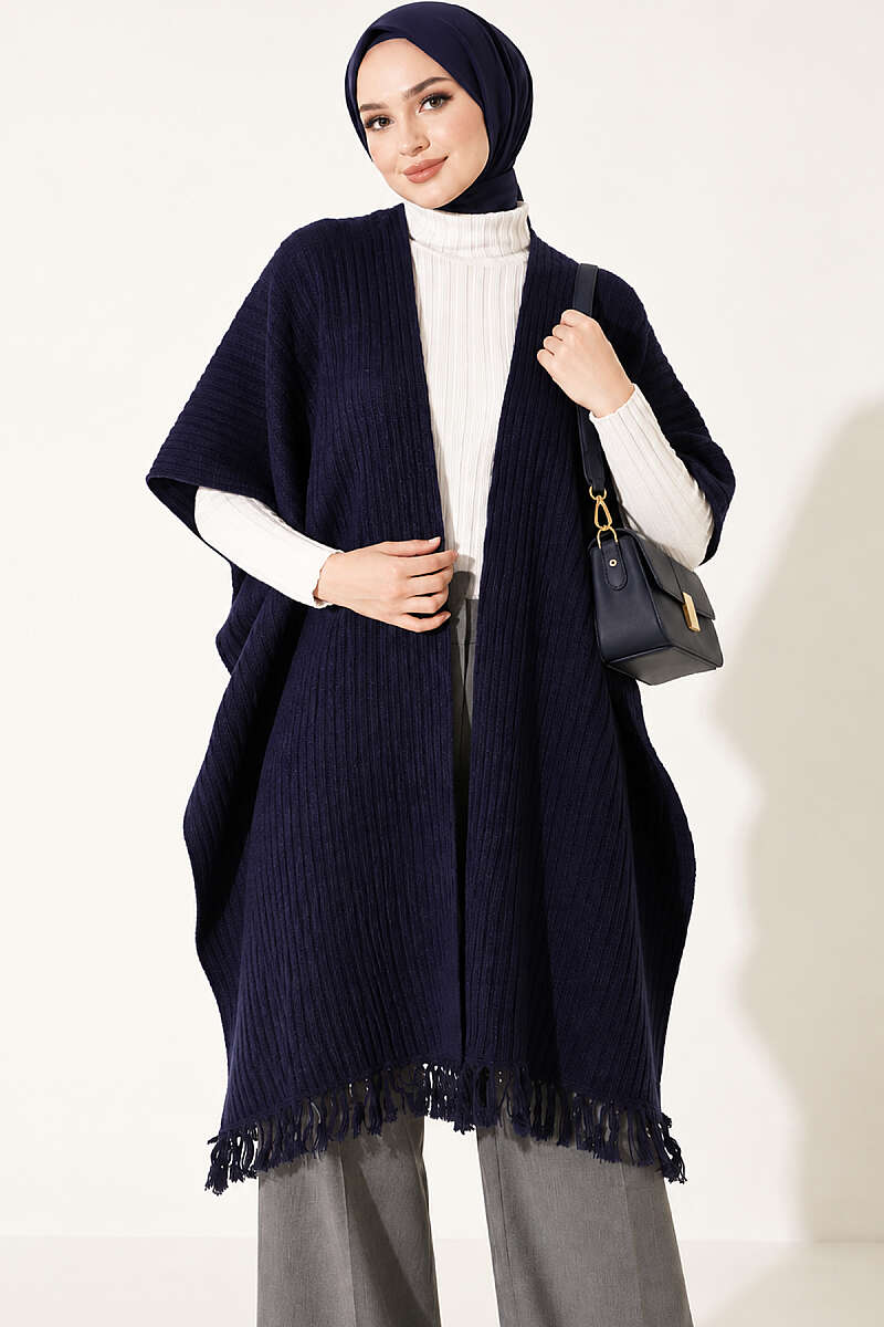 Fringed Knit Shoulder Shawl - Navy