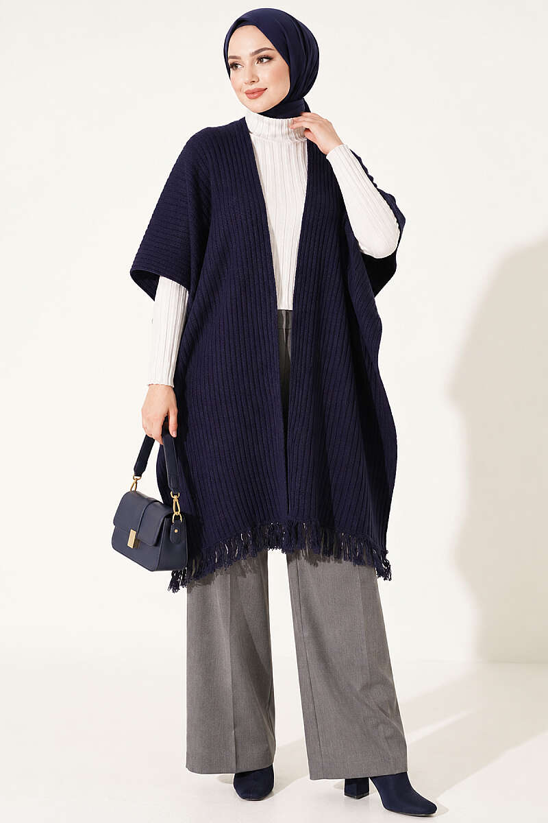Fringed Knit Shoulder Shawl - Navy