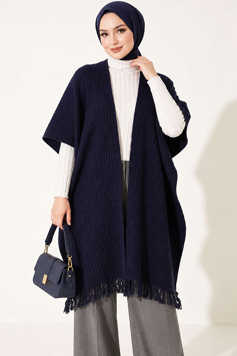 Fringed Knit Shoulder Shawl - Navy