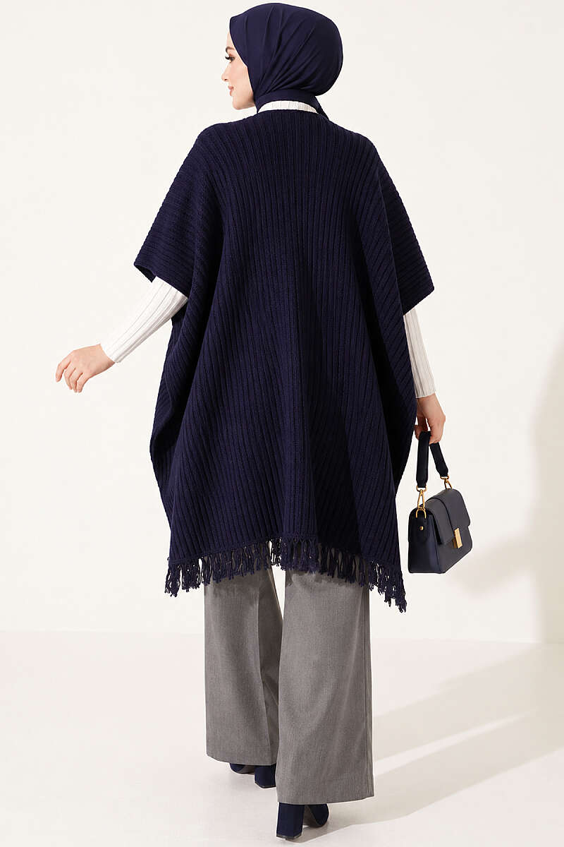 Fringed Knit Shoulder Shawl - Navy