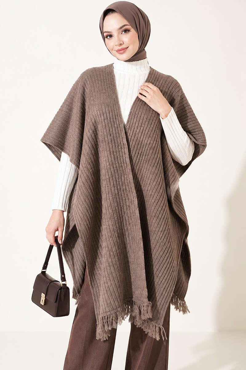 Fringed Knit Shoulder Shawl - Mink