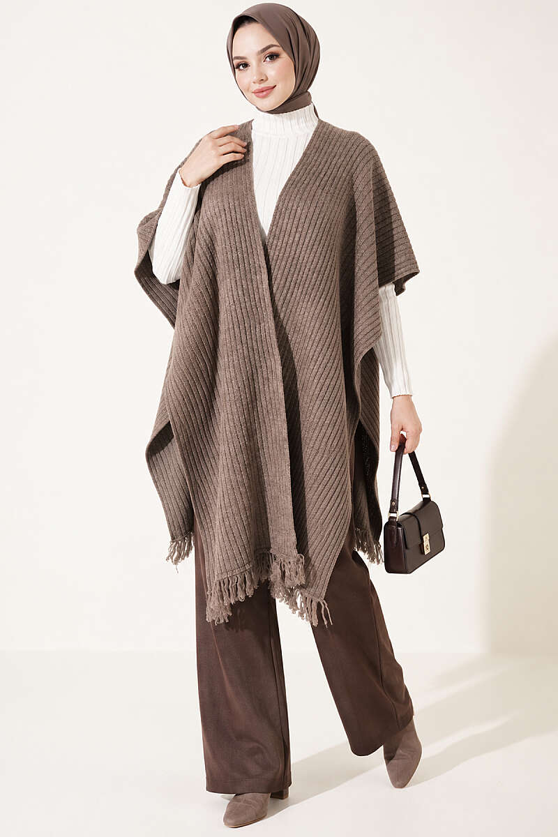 Fringed Knit Shoulder Shawl - Mink