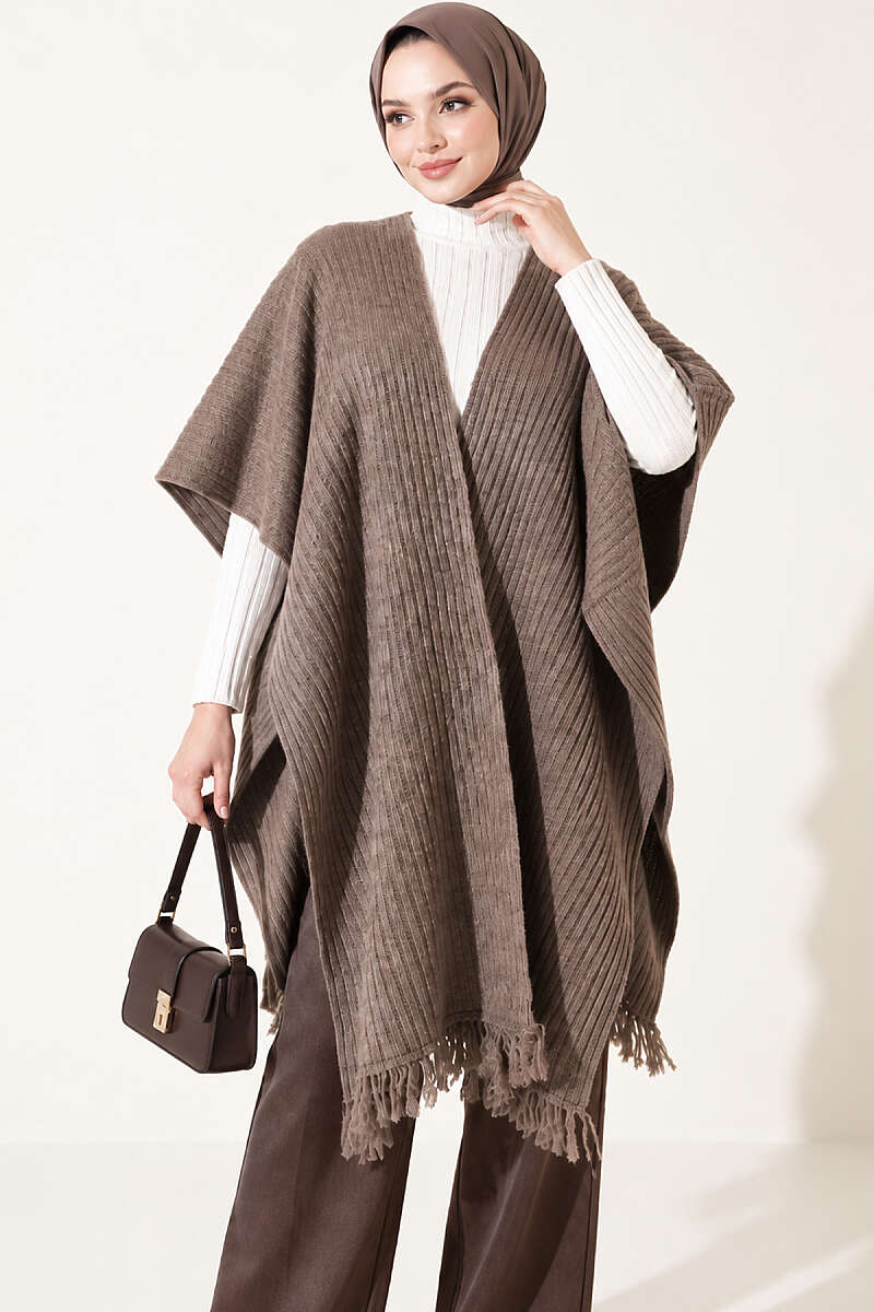 Fringed Knit Shoulder Shawl - Mink