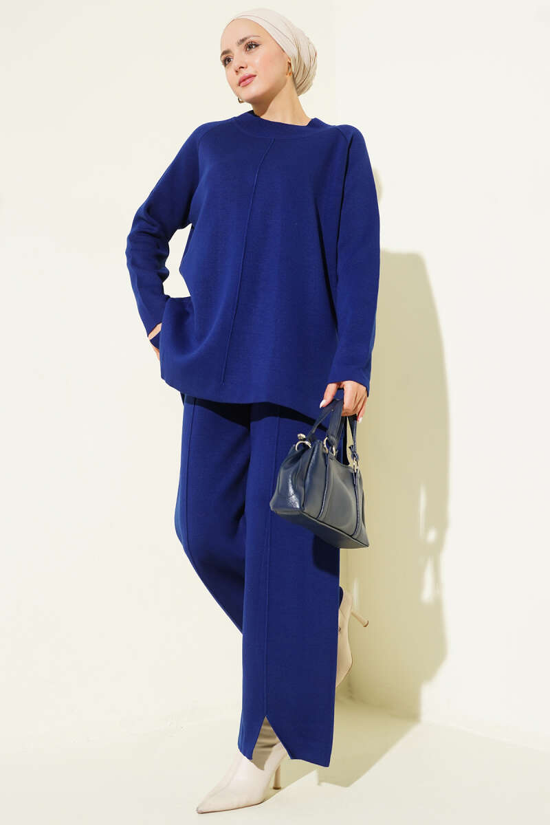 Basic Knit Two-Piece Set with Stitch Detail - Navy