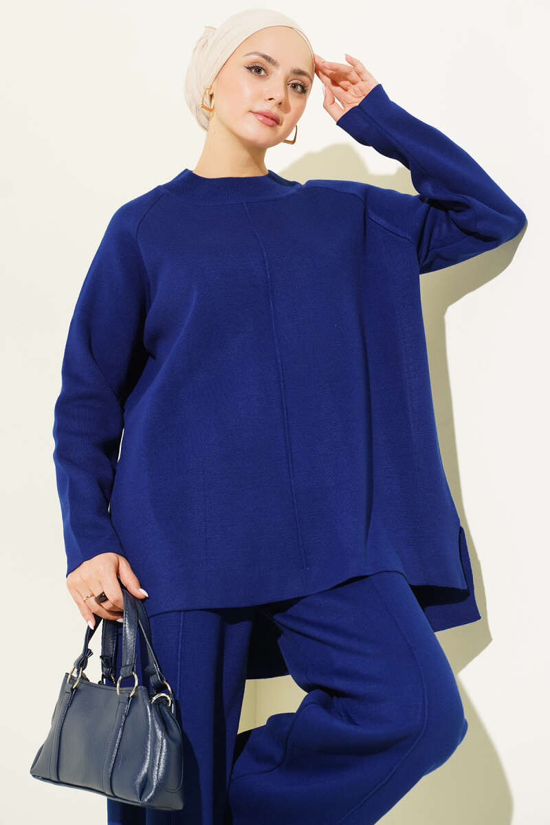 Basic Knit Two-Piece Set with Stitch Detail - Navy