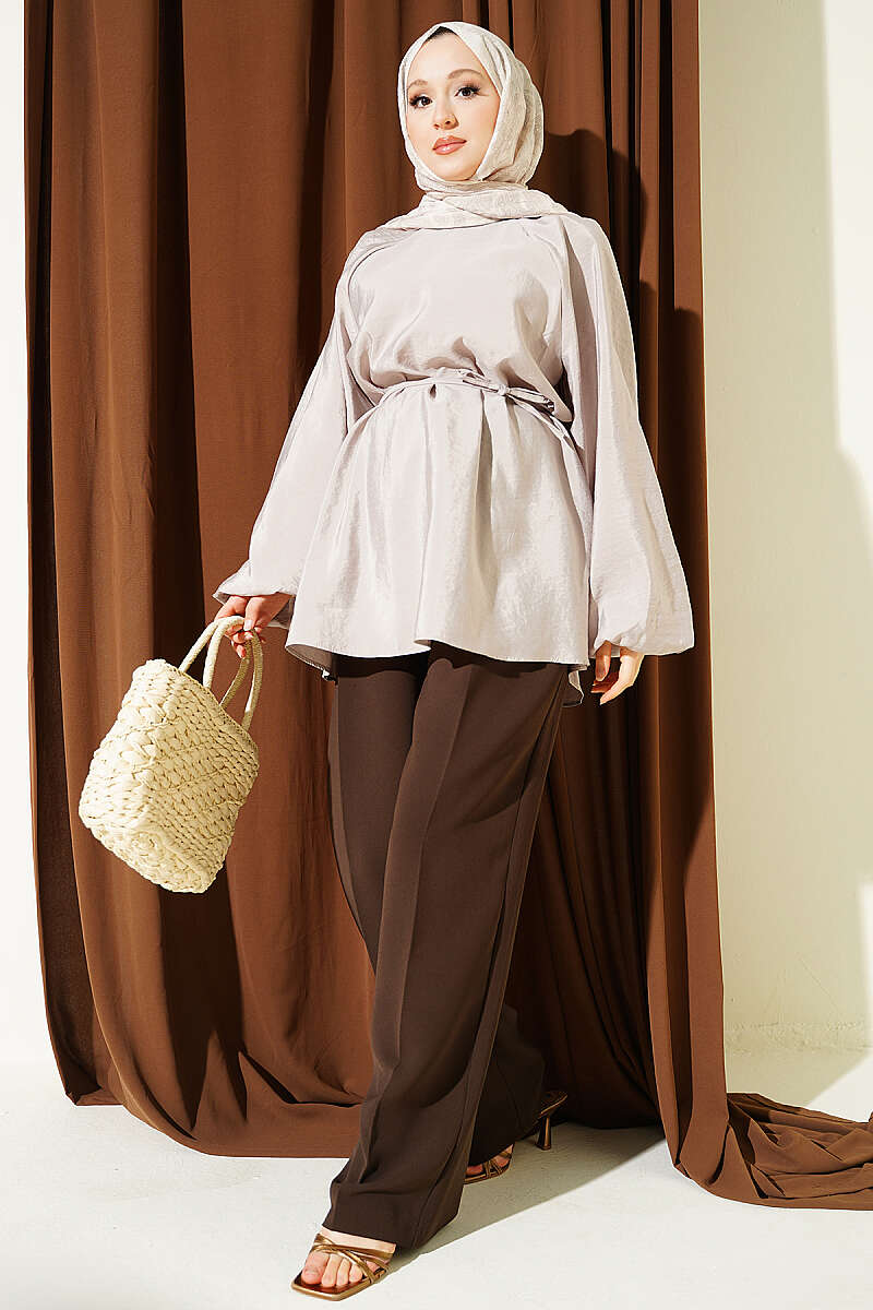 Raglan Balloon-Sleeve Tunic with Tie Belt - Beige