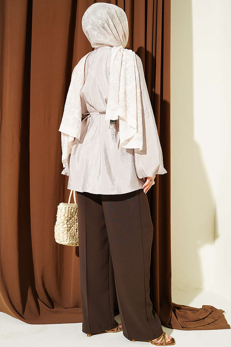 Raglan Balloon-Sleeve Tunic with Tie Belt - Beige