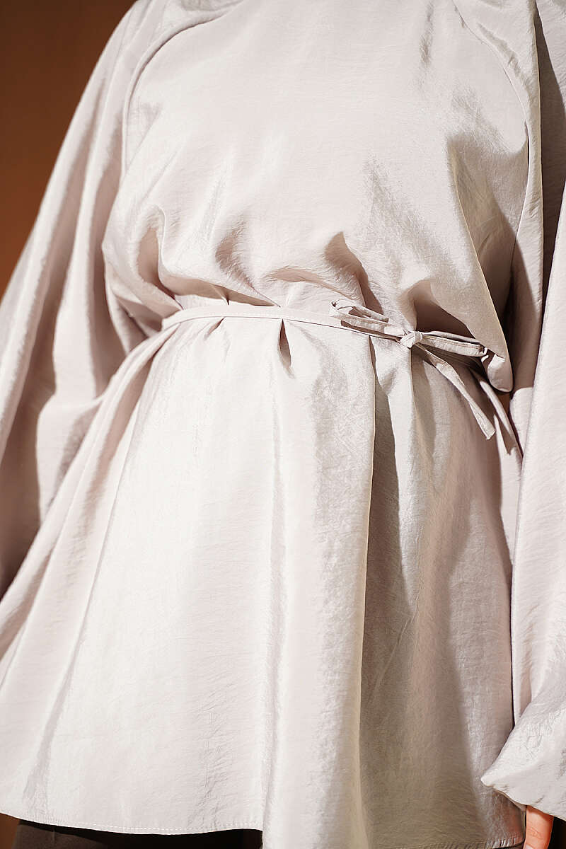 Raglan Balloon-Sleeve Tunic with Tie Belt - Beige