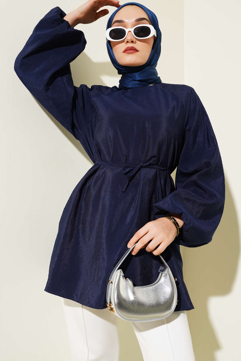 Raglan Balloon-Sleeve Tunic with Tie Belt - Navy