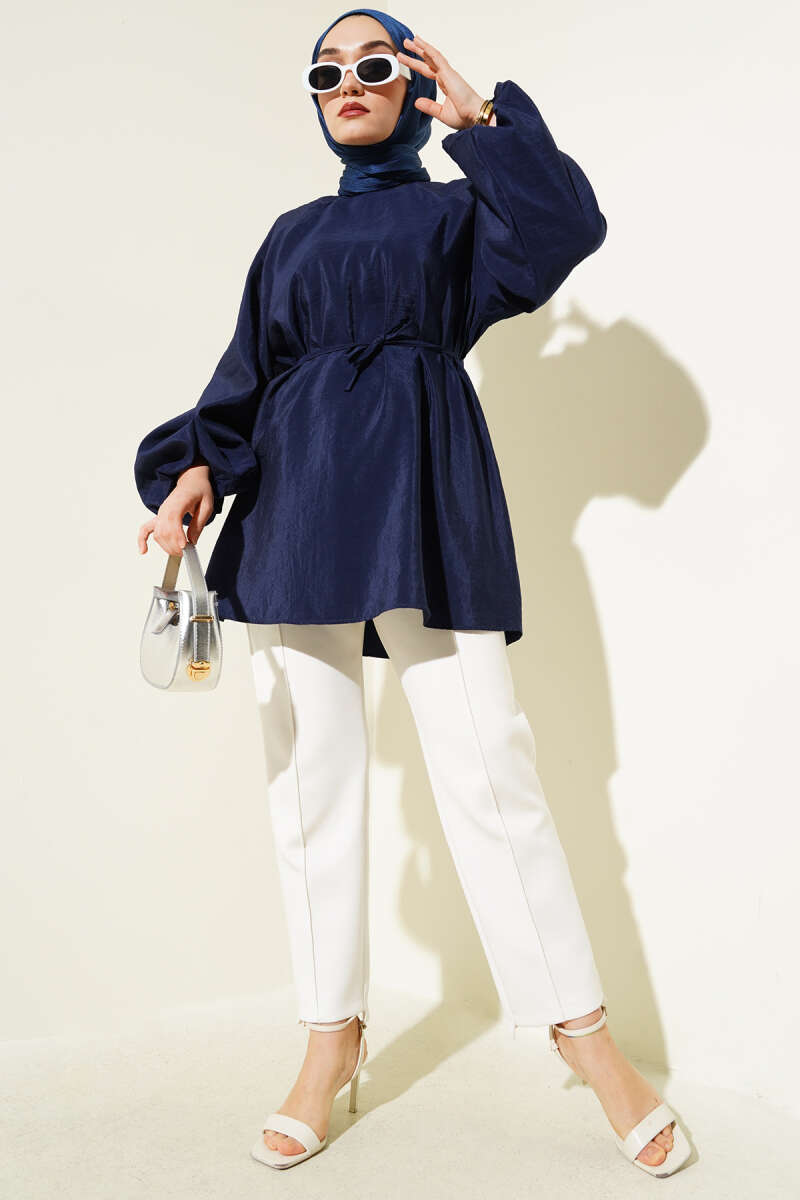 Raglan Balloon-Sleeve Tunic with Tie Belt - Navy