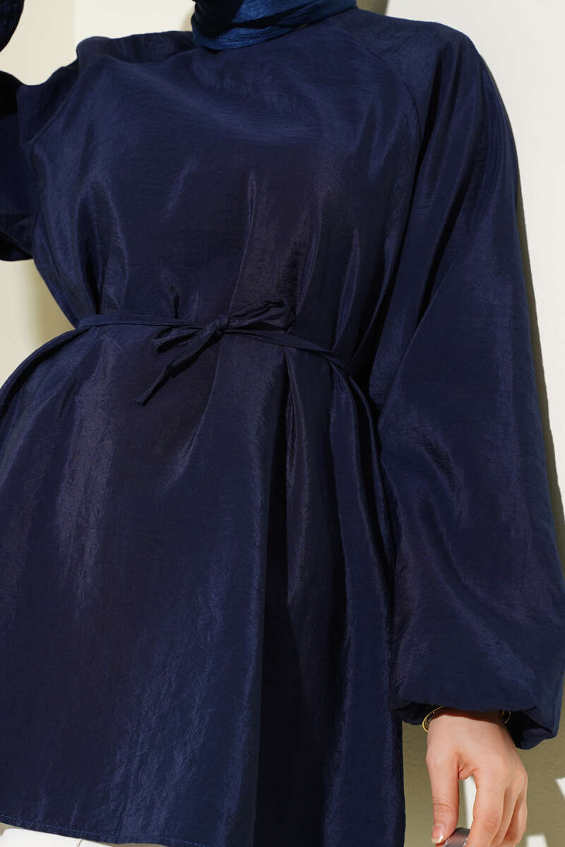 Raglan Balloon-Sleeve Tunic with Tie Belt - Navy