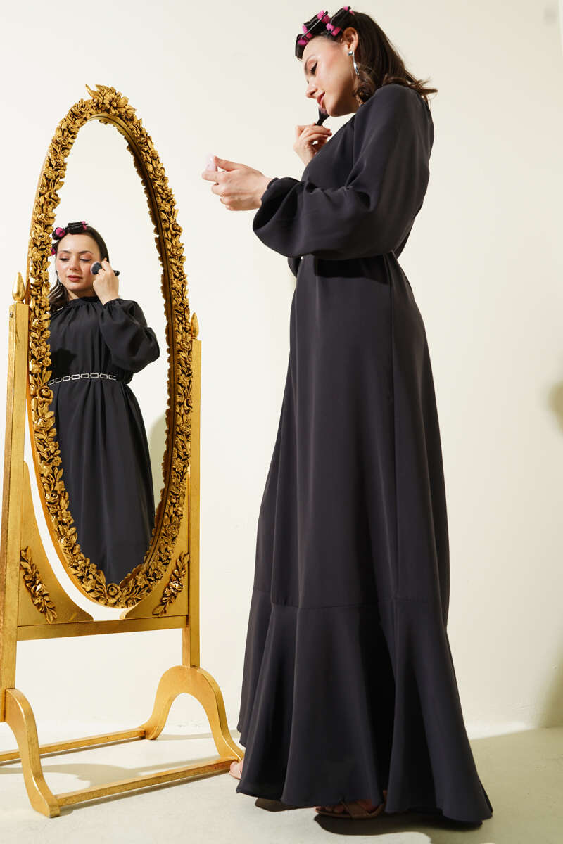 Raglan-Sleeve Dress with Chain Belt - Charcoal